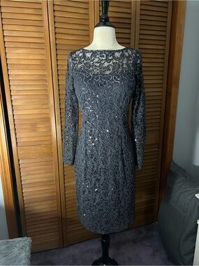 Blu Sage Dark Gray Sequin Lace Long Sleeve Dress